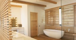 Cuentan con bañera y persianas de madera en un moderno y lujoso cuarto de baño interior. - foto de stock