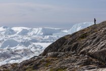 Mann auf Felsen blickt auf polare Eisberge Grönland — Stockfoto