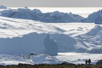 Люди, идущие вдоль солнечного тающего ледника Гренландия — стоковое фото
