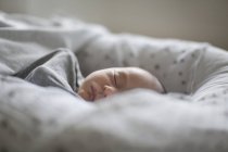 Cansado menino recém-nascido inocente dormindo em Moisés dormindo cesta — Fotografia de Stock