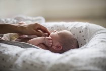 Mother touching cute newborn baby son in bassinet — Stock Photo