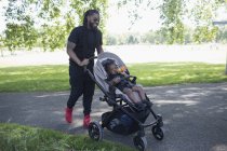 Pai empurrando filho criança em carrinho no parque — Fotografia de Stock