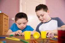 Junge mit Down-Syndrom und Bruder spielen mit Spielzeug — Stockfoto