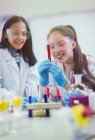 Усміхнені студенти дівчат вивчають рідину в пробірці, проводять науковий експеримент в лабораторному класі — стокове фото