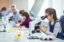 Студентка с помощью микроскопа проводит научный эксперимент в лабораторном классе — стоковое фото