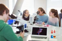 Студентки с помощью микроскопа проводят научные эксперименты в лабораторных классах — стоковое фото