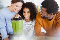 Familia multiétnica haciendo batido verde saludable en licuadora - foto de stock