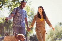 Улыбающаяся молодая пара выгуливает собаку в солнечном парке — стоковое фото