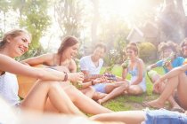 Jeunes amis traînant, jouant de la guitare et buvant de la bière dans l'herbe ensoleillée d'été — Photo de stock