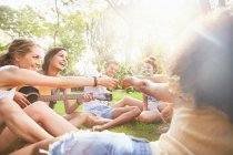 Enthusiastic young friends playing guitar and toasting beer bottles in sunny summer park — Stock Photo