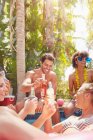 Jovens amigos saindo, brindando garrafas de cerveja na piscina ensolarada de verão — Fotografia de Stock