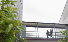 Supervisores caminando por pasarela elevada entre edificios de fábrica - foto de stock
