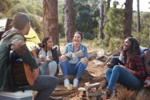 Giovani amici ridendo, appendere fuori al campeggio — Foto stock