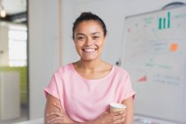 Portrait confident, enthusiastic businesswoman at whiteboard in conference room — Stock Photo