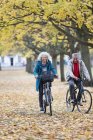 Couple aîné à vélo parmi les feuilles et les arbres dans le parc d'automne — Photo de stock