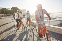 Amigos turísticos senior activos montar en bicicleta en el paseo marítimo soleado - foto de stock