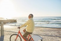 Hombre mayor activo bicicleta turística montar en el paseo marítimo soleado a lo largo del océano - foto de stock