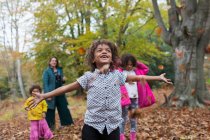Niño despreocupado jugando en otoño hojas con la familia en el bosque - foto de stock