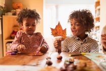 Irmão e irmã fazendo artesanato com folha de outono à mesa — Fotografia de Stock