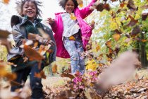 Feliz hermano y hermana corriendo y jugando en hojas de otoño - foto de stock