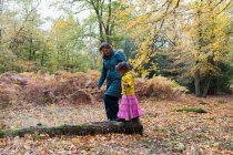 Madre e hija caminando sobre troncos caídos en bosques de otoño - foto de stock