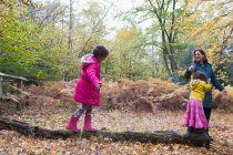 Madre e hijas caminando sobre troncos caídos en bosques de otoño - foto de stock