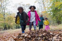 Familia juguetona corriendo en hojas de otoño - foto de stock