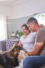 Affectionate couple petting dogs in living room — Stock Photo