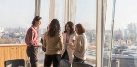 Business people talking at sunny urban highrise office window — Stock Photo