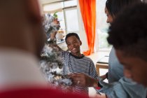 Joyeux garçon décorant arbre de Noël avec la famille — Photo de stock