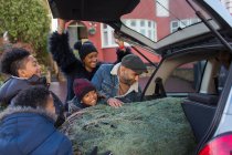 Família carregando árvore de Natal no carro — Fotografia de Stock