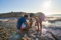 Familie spielt auf Felsen am sonnigen Strand — Stockfoto
