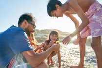 Famiglia che gioca sulla spiaggia soleggiata — Foto stock