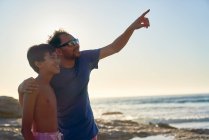 Любопытные отец и сын указывают на небо на солнечном пляже океана — стоковое фото