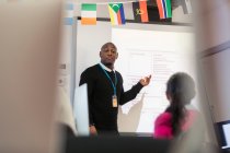 Instrutor da faculdade da comunidade masculina que conduz a lição na tela da projeção na sala de aula — Fotografia de Stock