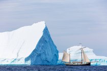 Barco navegando frente a majestuosos icebergs en el Océano Atlántico Groenlandia - foto de stock