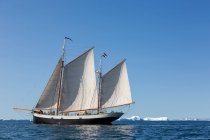 Barco con bandera de los Países Bajos sobre el soleado Océano Atlántico Groenlandia - foto de stock