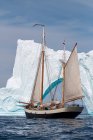 Nave che naviga oltre iceberg sulla soleggiata Groenlandia dell'Oceano Atlantico — Foto stock