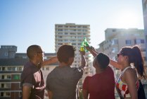 Young friends toasting beer bottles on sunny urban rooftop balcony — Stock Photo