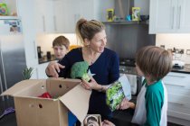 Mutter und Söhne laden frische Produkte aus Kiste in Küche — Stockfoto