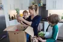 Счастливая мать и сыновья разгрузки свежих продуктов из коробки на кухне — стоковое фото