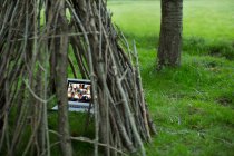Video conference on laptop in branch teepee — Stock Photo