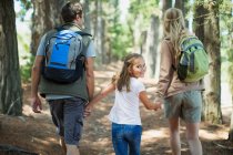 Lächelndes Mädchen wandert mit Eltern im Wald — Stockfoto
