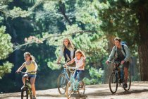 Sorridente famiglia in bicicletta a cavallo nel bosco — Foto stock