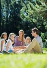 Sonriente familia picnic en la hierba - foto de stock