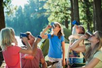 Beber en familia de tazas en el camping en los bosques - foto de stock