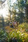 Молода пара з рюкзаками, що ходять по високій траві в сонячному лісі — стокове фото