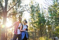 Jovem casal feliz caminhadas com câmera e binóculos em bosques ensolarados — Fotografia de Stock