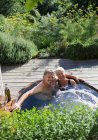Retrato casal sênior feliz relaxando na banheira de hidromassagem no pátio ensolarado — Fotografia de Stock