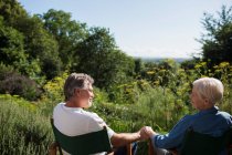 Liebevolles Seniorenpaar hält Händchen im sonnigen Sommergarten — Stockfoto